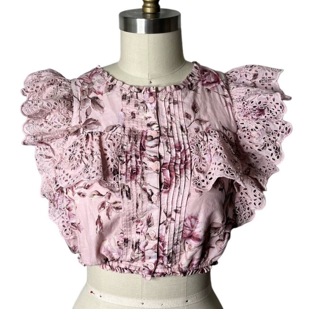 Gap x LoveShackFancy Girls XL (12-13) Pink Floral Eyelet Ruffle Crop Top